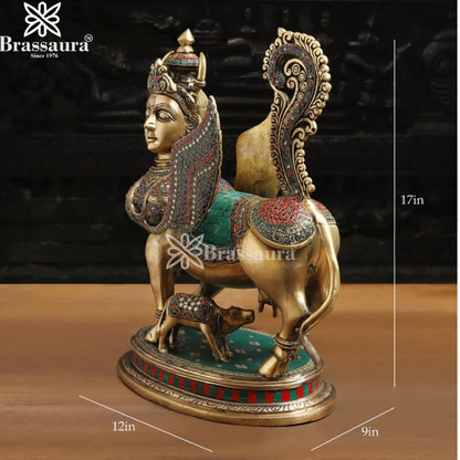 Brass Gem Stone Work Kaamdhenu Statue Weight 13.1 Kg And Height 17 Inch