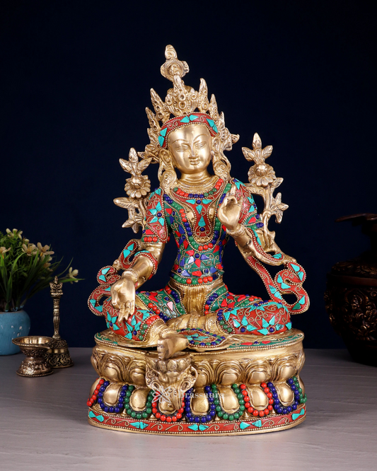 Brassaura™ Pure Brass Green Tara Statue – Height 14 Inches | Weight 6 Kgs | Floral Stone & Brass Wire Work