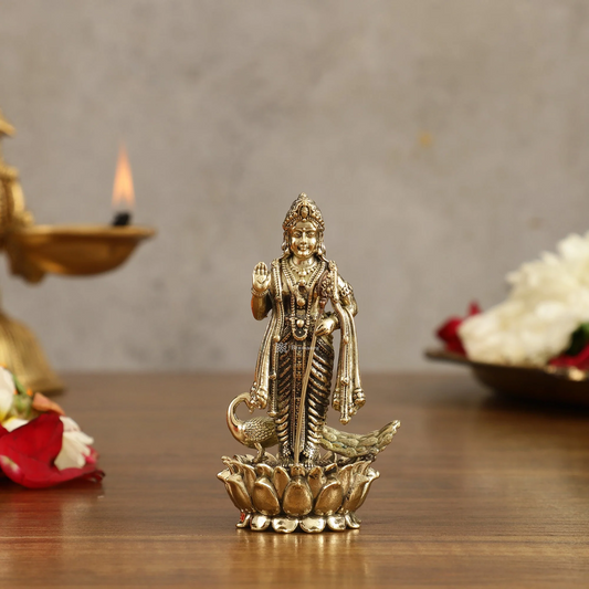 Brassaura™ Pure Brass Small Murugan Idol – 3.5 Inches Height, 93 Grams – Compact Handcrafted Statue