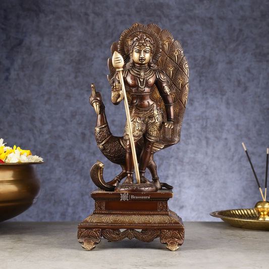 Brassaura™ Handcrafted Lord Murugan Brass Idol – 12.5 Inches Height, 4.5 Kgs – Chola Brown Antique Finish