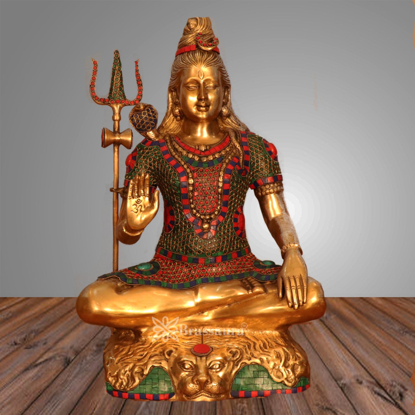 Brassaura™ Brass Gem Stone Work Lord Shiva Idol – Height 24 Inches & Weight 16.3 Kgs | Devotional Statue