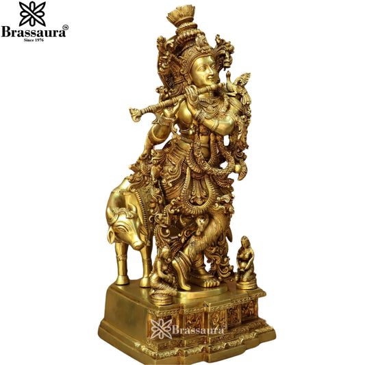 Brassaura® Chola Style Brass Lord Krishna Playing Flute with Sacred Cow Idol | Handcrafted Premium Golden Brass Murti for Home Temple & Spiritual Décor | Height 28 Inches | Weight 35 Kg