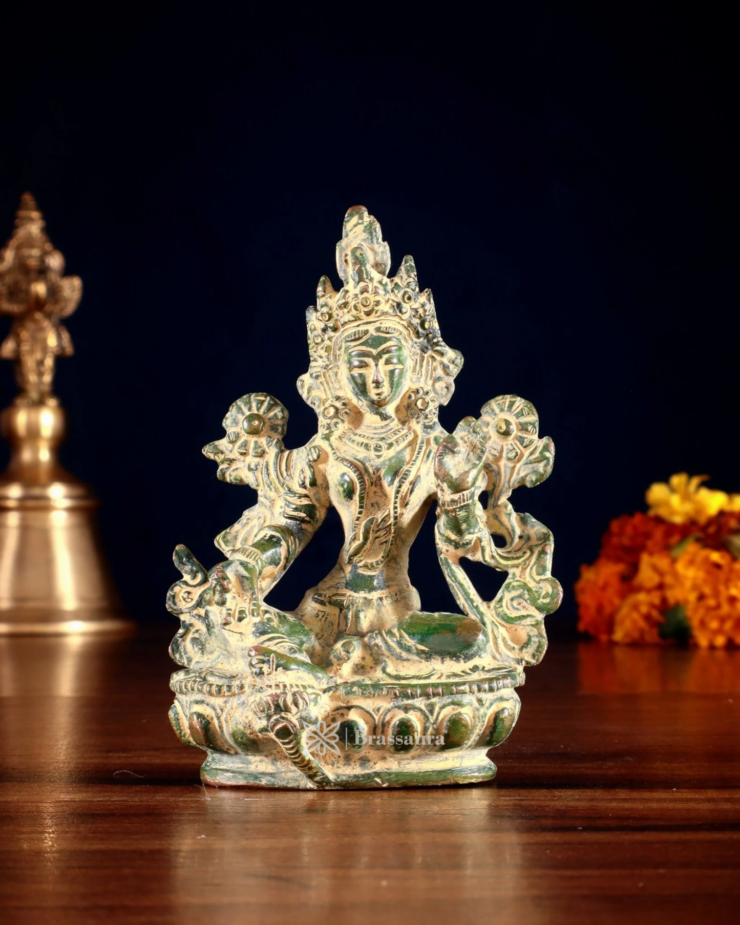 Brassaura™ Green Tara Brass Idol – Height 3.5 Inches | Weight 0.3 Kgs | Double Green Sand Finish