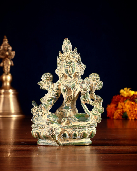 Brassaura™ Green Tara Brass Idol – Height 3.5 Inches | Weight 0.3 Kgs | Double Green Sand Finish