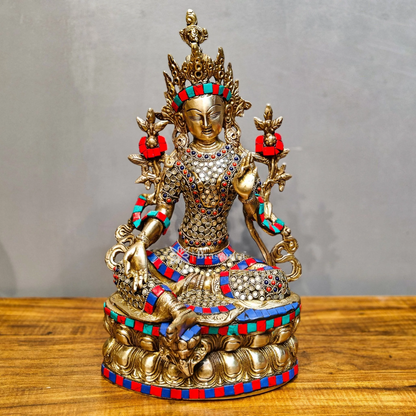 Brassaura™ Pure Brass Green Tara Statue – Height 14 Inches | Weight 4.78 Kgs | Meenakari Stonework
