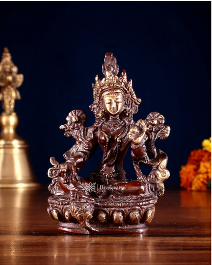 Brassaura™ Green Tara Brass Idol – Height 3.5 Inches | Weight 0.3 Kgs | Double Chola Finish