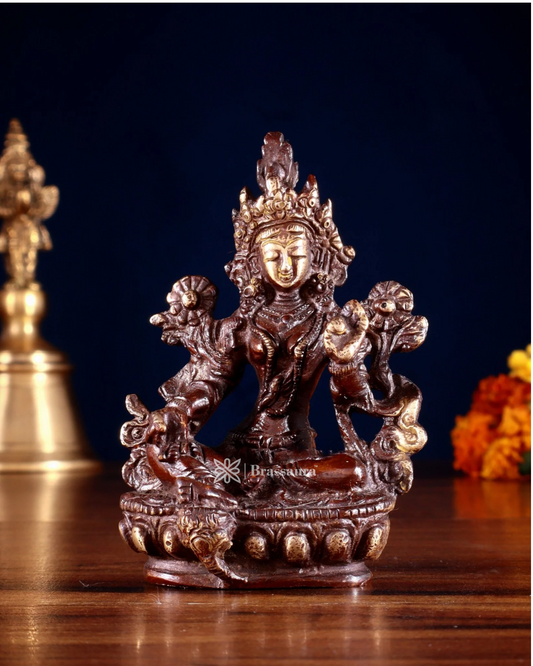Brassaura™ Green Tara Brass Idol – Height 3.5 Inches | Weight 0.3 Kgs | Double Chola Finish
