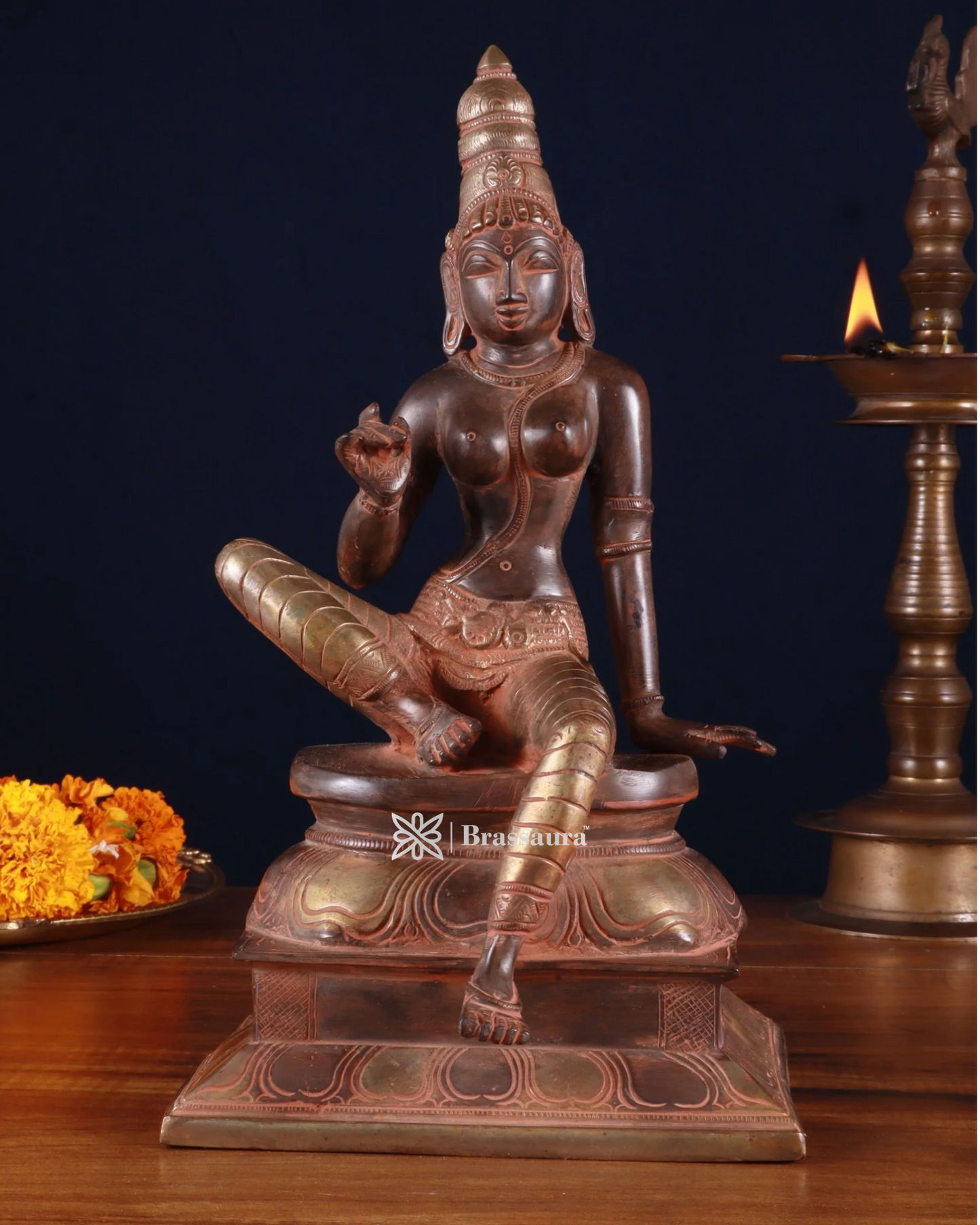 Brassaura™ Pure Brass Seated Parvati Idol – 12 Inch Height, 4.06 Kg Weight – Black & Red Patina Finish Statue