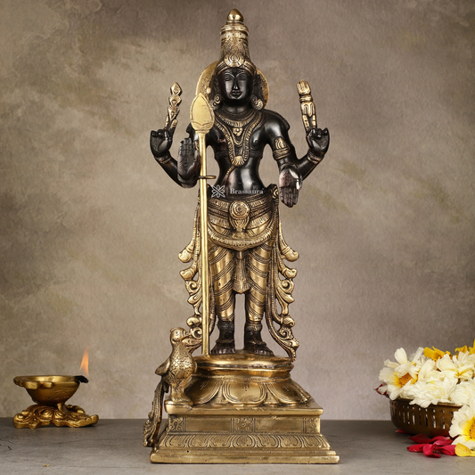 Brassaura™ Pure Brass Kartikeya Murugan Swamy Statue – 14 Inches Height, 4.45 Kg – Black Finish