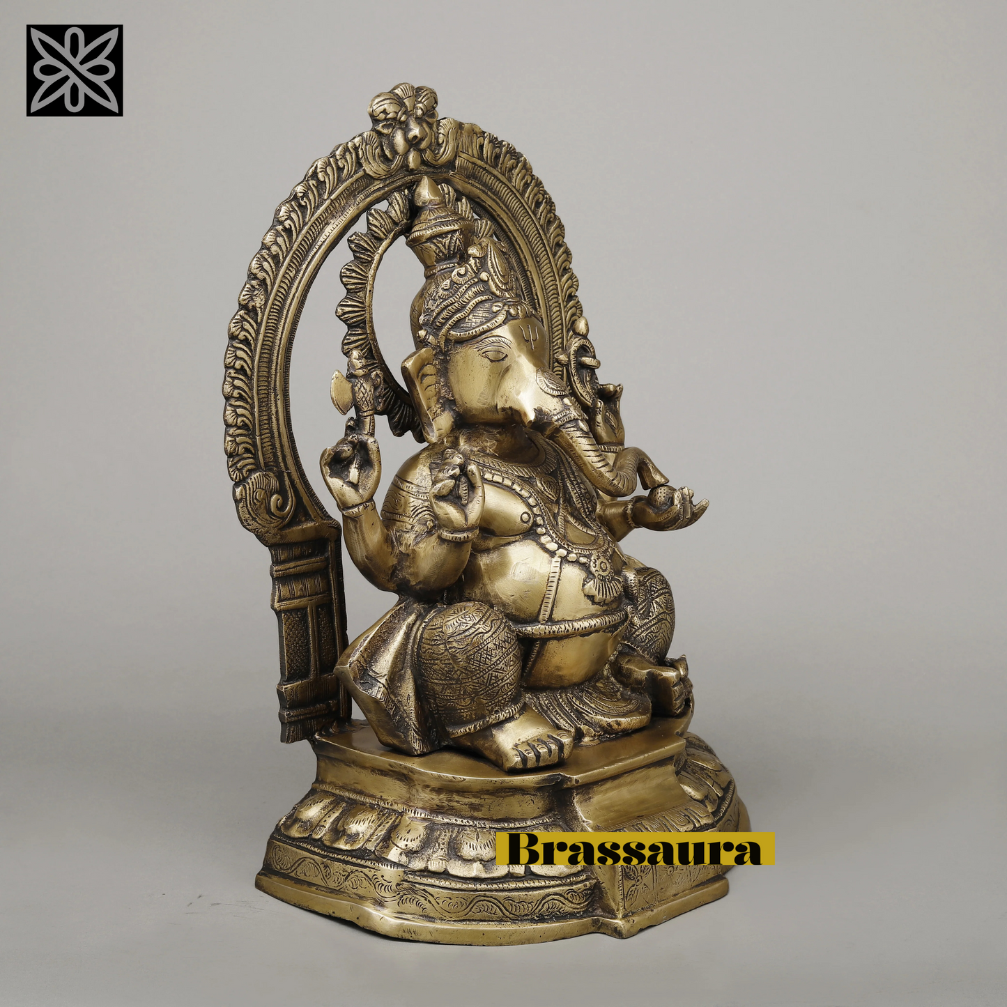 Brassaura™ Brass Ganesh Seated on Pedestal – Fine Golden Finish – Height 18.5 Inches, Weight 14.96 Kgs