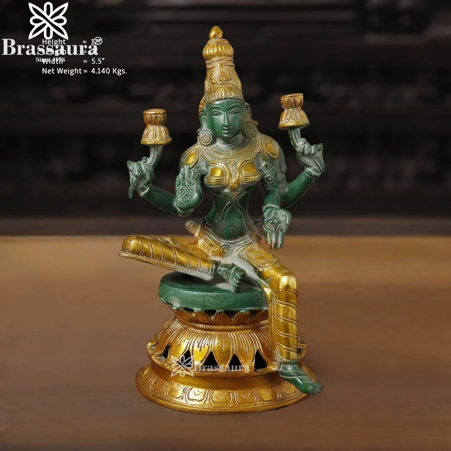 Brassaura™ Devotional Brass Laxmi Murti – Height 12 Inches & Weight 4.14 Kgs | Temple Statue