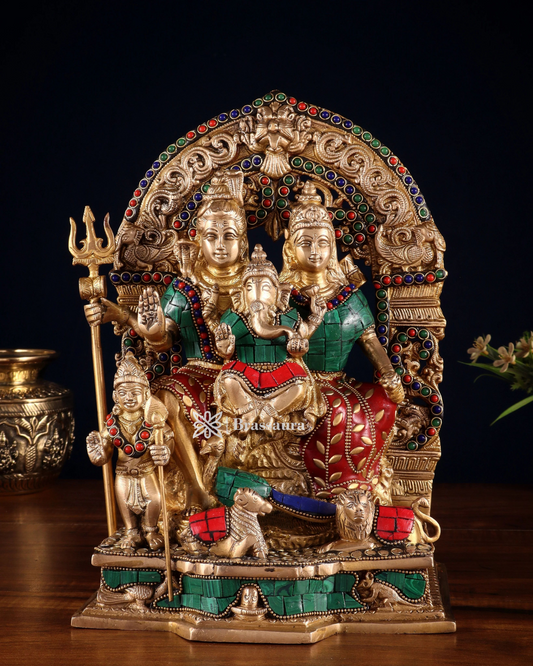 Brass Gem Stone Work Shiv parivar Idol for Home and Decor | Weight 6.8 Kg Height 12 inch | Multi-Coloured