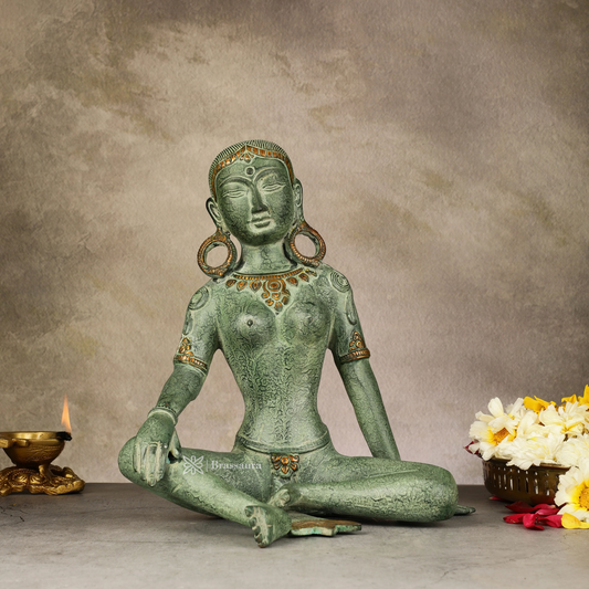 Brassaura™ Brass Seated Nepalese Green Tara Idol – Height 10.5 Inches | Weight 5 Kgs | Antique Patina Finish