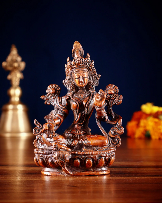Brassaura™ Green Tara Brass Idol – Height 3.5 Inches | Weight 0.3 Kgs | Tibetan Red Finish