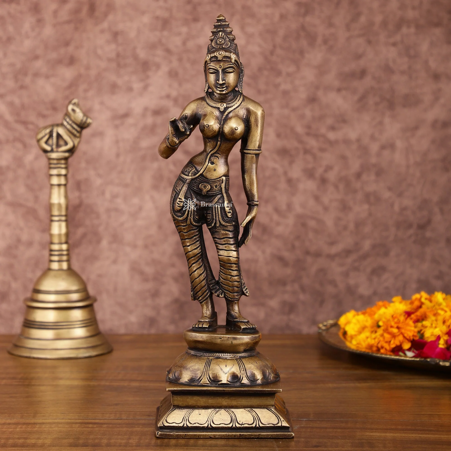 Brassaura™ Pure Brass Devi Parvati Uma Idol – 10 Inch Height, 1.5 Kg Weight – Vintage Finish Standing Statue