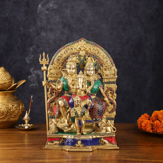 Brass Gem Stone Work Shiv parivar Idol for Home and Decor | Weight 6.8 Kg Height 12 inch | Multi-Coloured