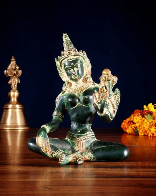 Brassaura™ Green Tara Idol – Height 5.5 Inches | Weight 0.975 Kgs | Agate Green Stone & Sand Finish