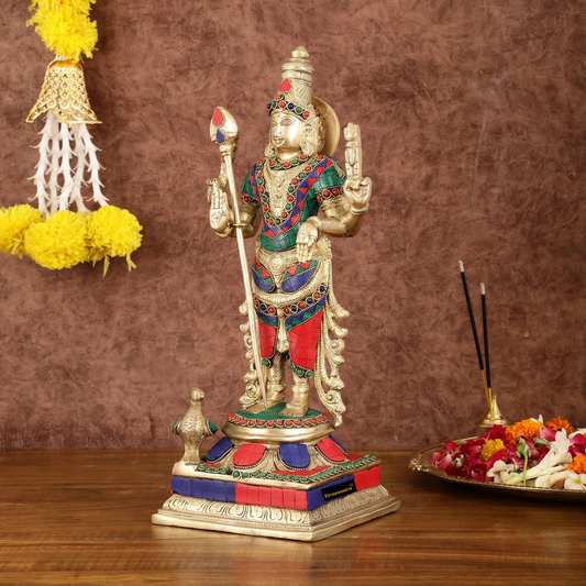 Brassaura® Pure Brass Kartikeya Murugan Swamy Statue with Stonework – 14 Inches Height, 4.45 Kgs – Intricately Handcrafted
