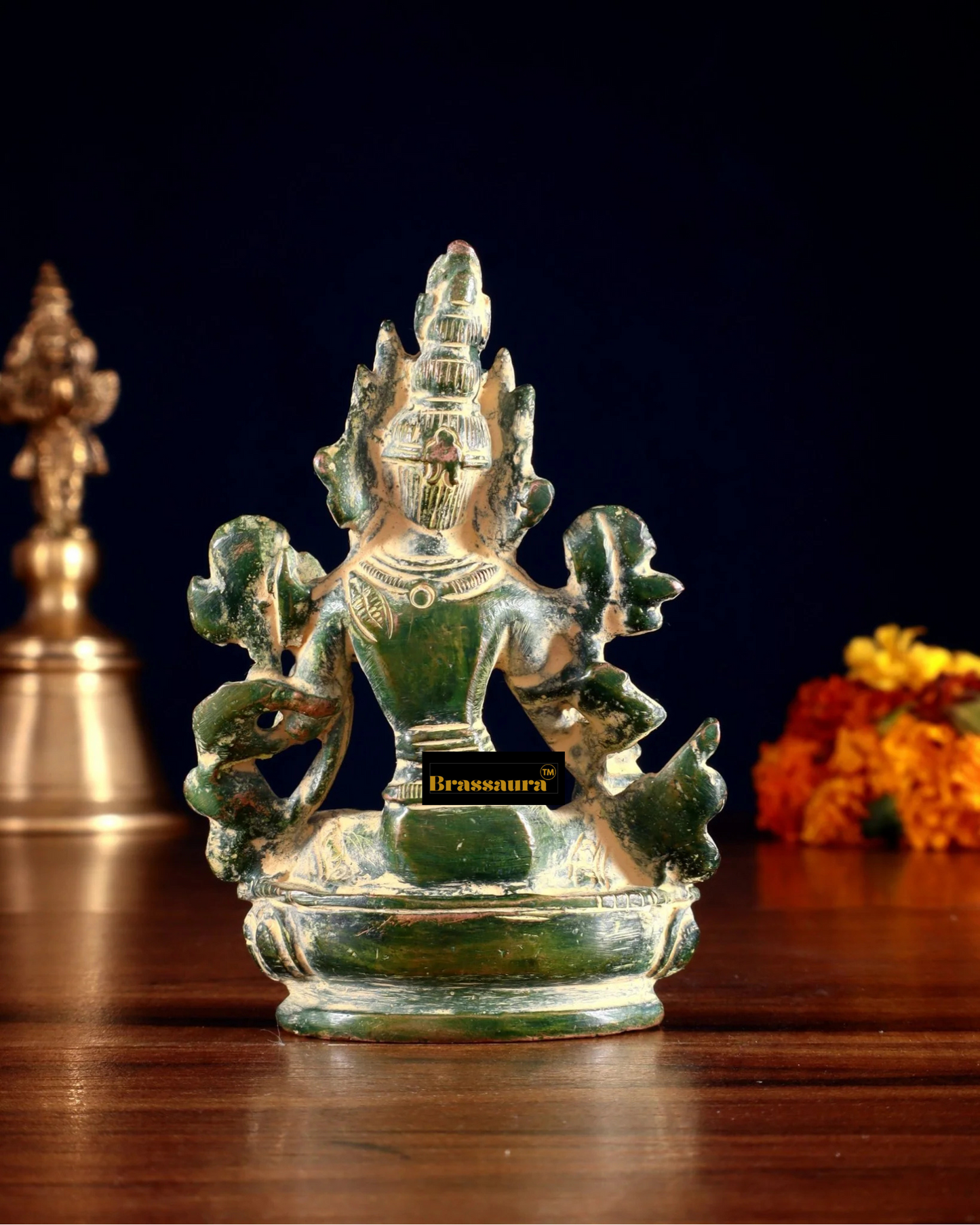 Brassaura™ Green Tara Brass Idol – Height 3.5 Inches | Weight 0.3 Kgs | Double Green Sand Finish