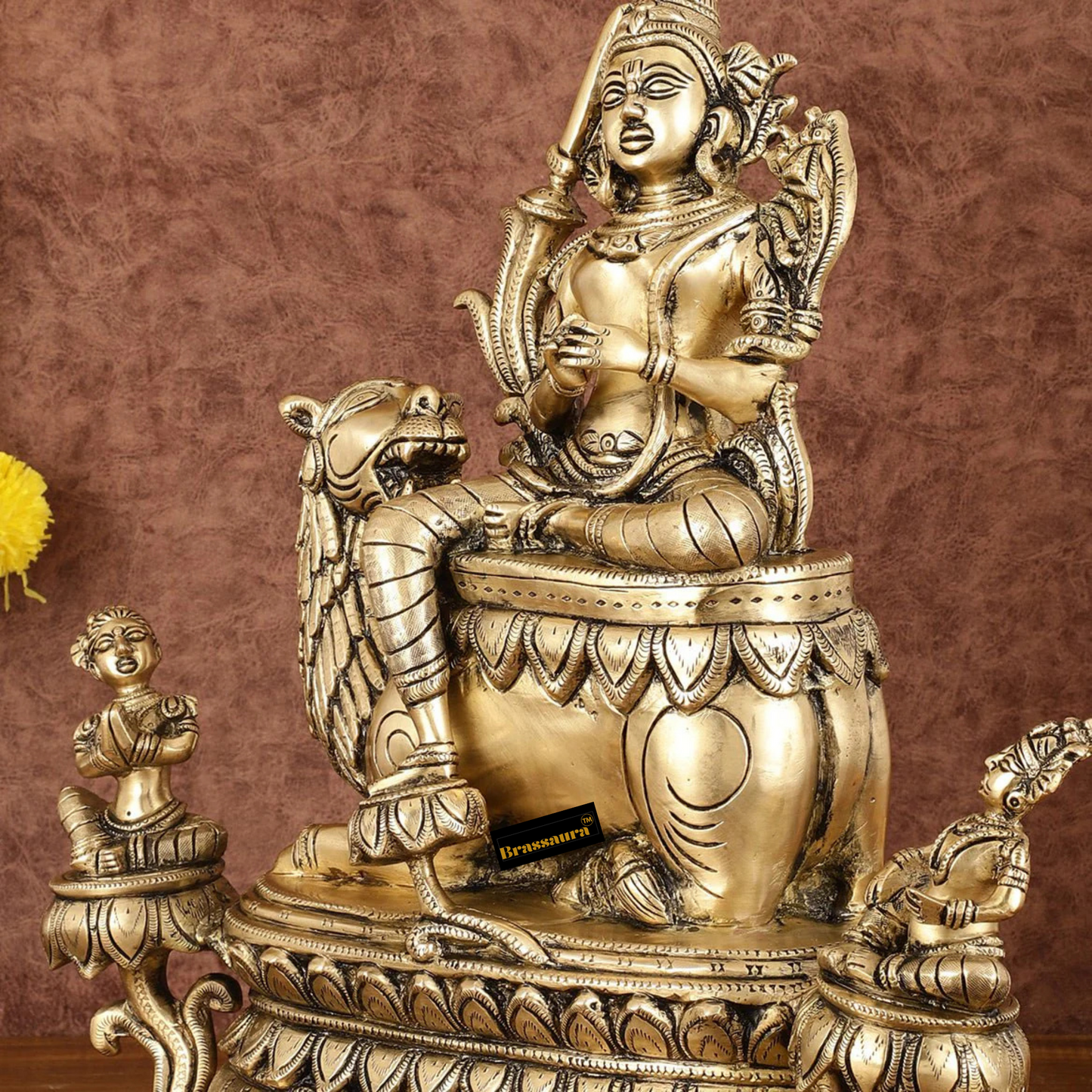 Brassaura™ Brass Tara Devi Idol Seated on Lion – Height 16 Inches | Weight 14 Kgs | Home & Temple Decor