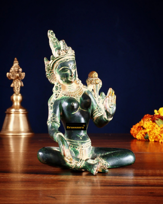 Brassaura™ Green Tara Idol – Height 5.5 Inches | Weight 0.975 Kgs | Agate Green Stone & Sand Finish