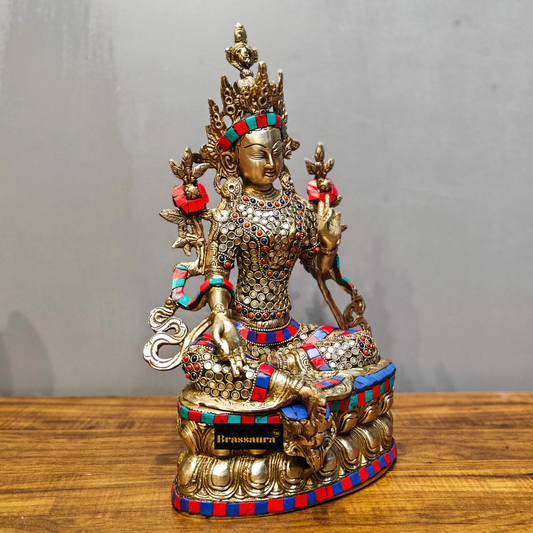 Brassaura™ Pure Brass Green Tara Statue – Height 14 Inches | Weight 4.78 Kgs | Meenakari Stonework