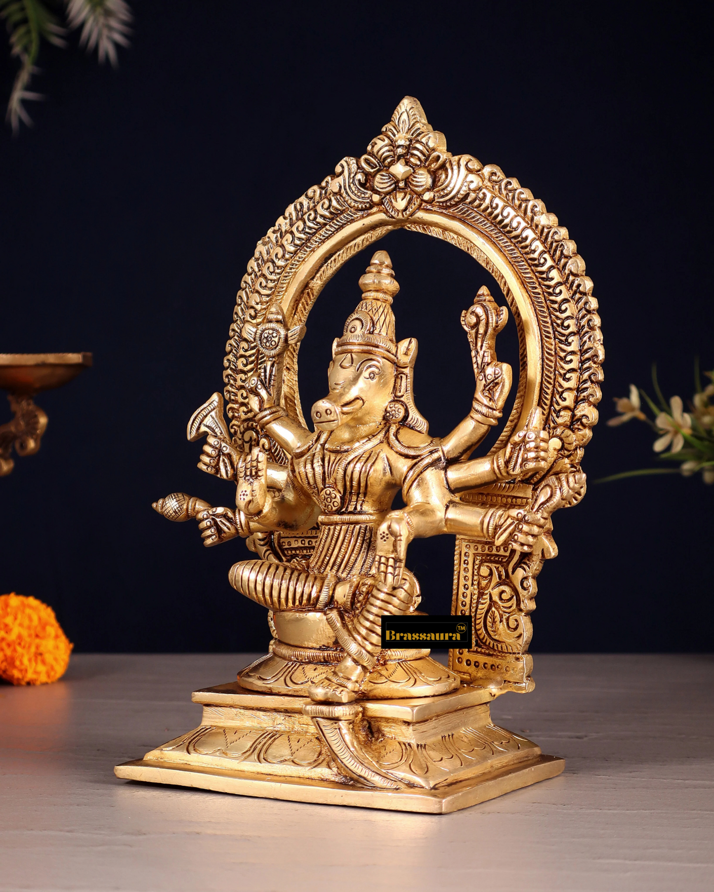 Brassaura™ Pure Brass Varahi Amman Idol – 8 Inch Height, 2 Kg Weight – Handcrafted Seated Goddess Statue with Prabhavali