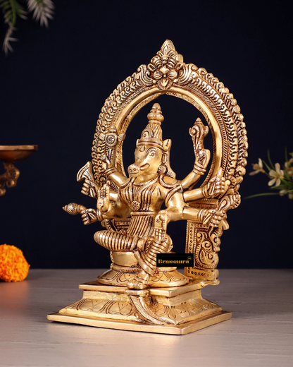 Brassaura™ Pure Brass Varahi Amman Idol – 8 Inch Height, 2 Kg Weight – Handcrafted Seated Goddess Statue with Prabhavali