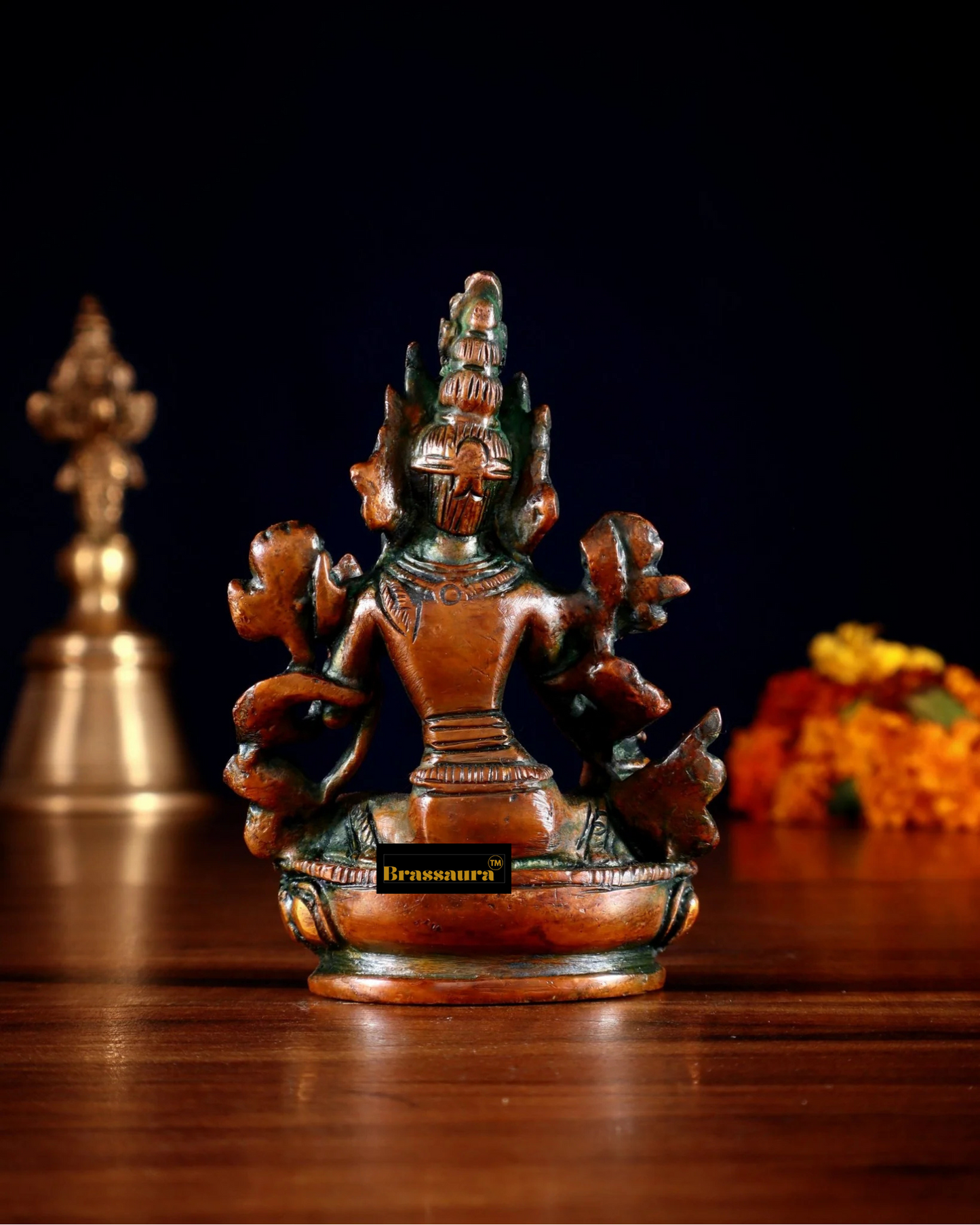 Brassaura™ Green Tara Brass Idol – Height 3.5 Inches | Weight 0.3 Kgs | Nepalese Orange Finish