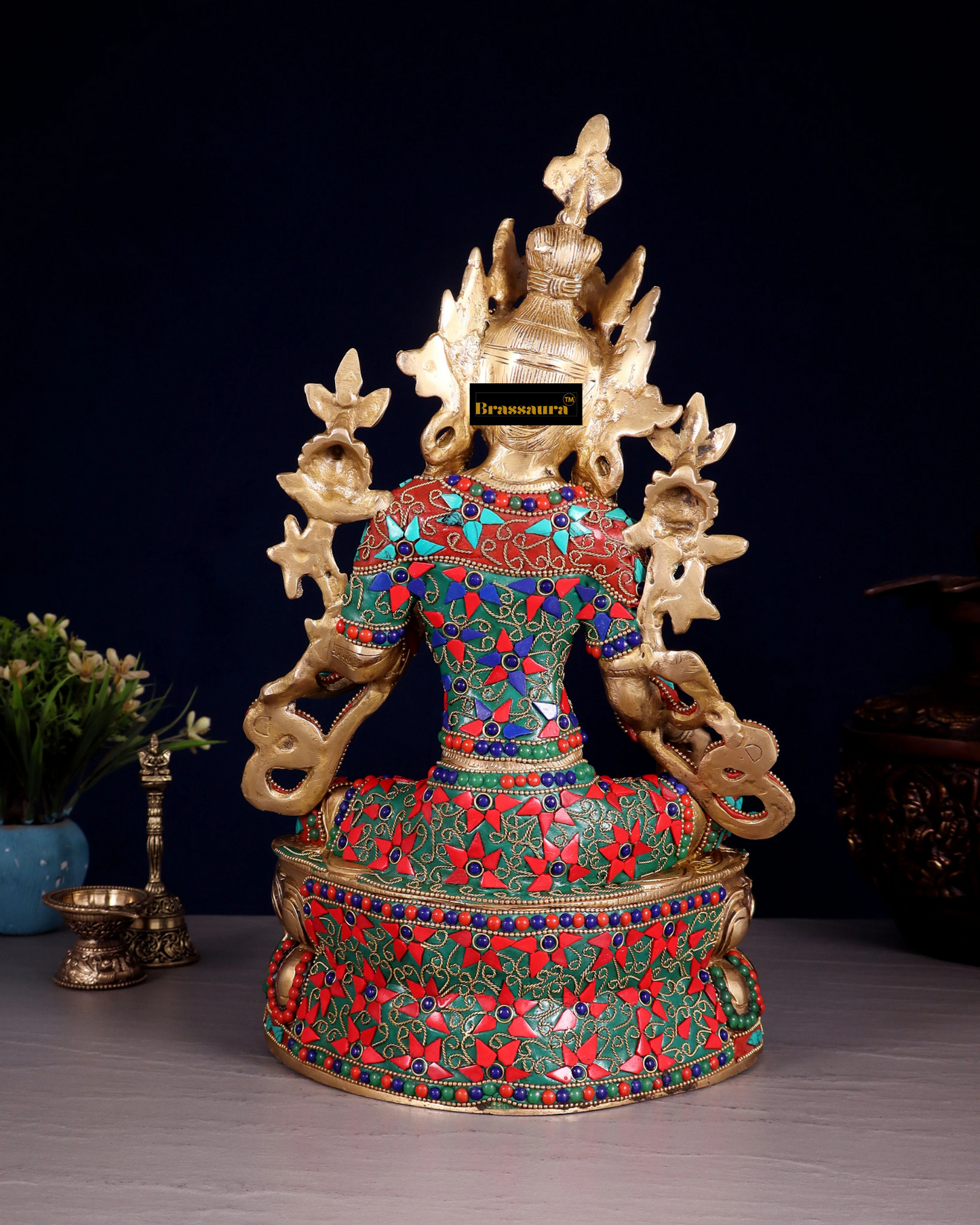 Brassaura™ Pure Brass Green Tara Statue – Height 14 Inches | Weight 6 Kgs | Floral Stone & Brass Wire Work