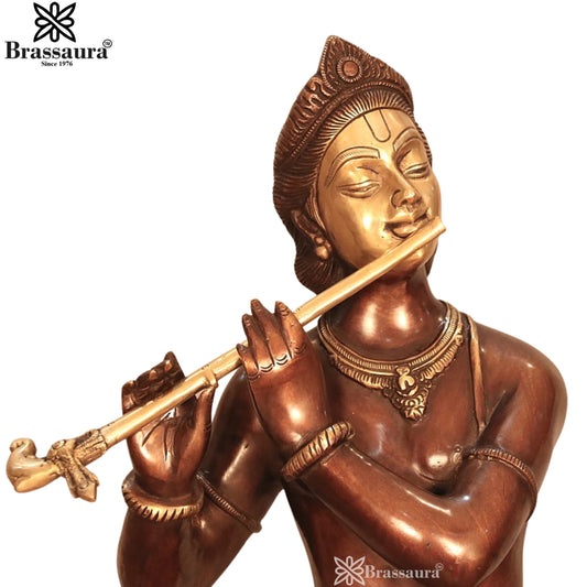 Brassaura® Handcrafted Muralidhara Brass Krishna Idol | Premium Antique Brown Brass Lord Krishna Playing Flute Murti for Home Temple & Luxury Décor | Height 28.2 Inches | Weight 14.5 Kgs