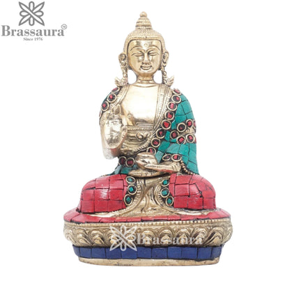 Brass Blessing Gem Stone Work Buddha Weight 0.95 kg & Height 6.25 Inch