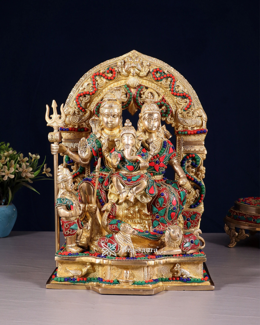 Brass Gem Stone Work Shiva Parivar Idol For Home Decor Height 12 Inch & Weight 6.8 Kg