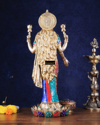 Brassaura™ भक्तिमय पीतल रत्न जड़ित लक्ष्मी मूर्ति - ऊँचाई 25 इंच और वज़न 17 किलोग्राम | आध्यात्मिक गृह मूर्ति
