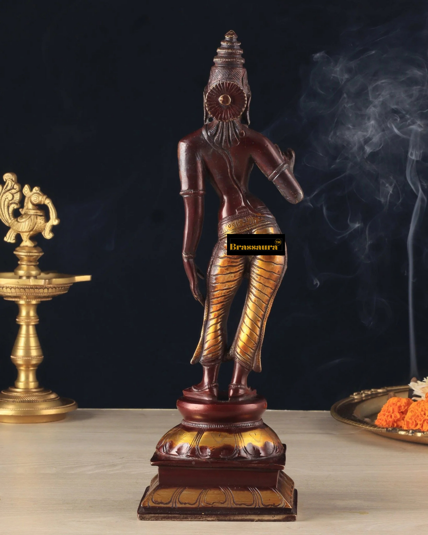 Brassaura™ Pure Brass Devi Parvati Uma Idol – 10 Inch Height, 2.5 Kg Weight – Vintage Chola Finish Standing Statue