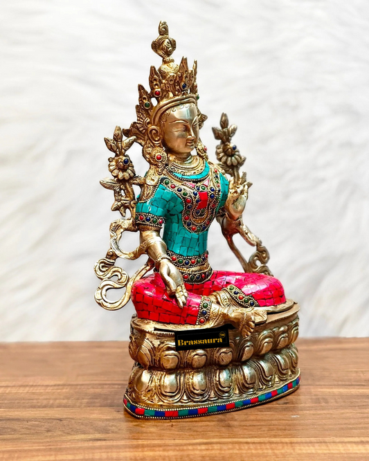 Brassaura™ Pure Brass Green Tara Statue – Height 14 Inches | Weight 5 Kgs | Stonework Detailing