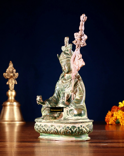 Brassaura™ Brass Guru Rinpoche (Padmasambhava) Statue – Height 6.5 Inches | Weight 0.669 Kgs | Green Finish