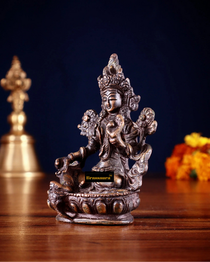 Brassaura™ Green Tara Brass Idol – Height 3.5 Inches | Weight 0.3 Kgs | Nepalese Burnt Chocolate Finish