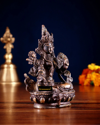 Brassaura™ Green Tara Brass Idol – Height 3.5 Inches | Weight 0.3 Kgs | Nepalese Burnt Chocolate Finish