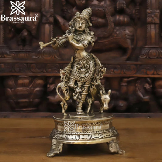 Brass Cow Krishna Murti Weight 2.6 Kg And Height 11 Inch