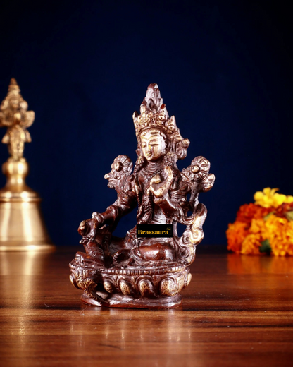 Brassaura™ Green Tara Brass Idol – Height 3.5 Inches | Weight 0.3 Kgs | Double Chola Finish