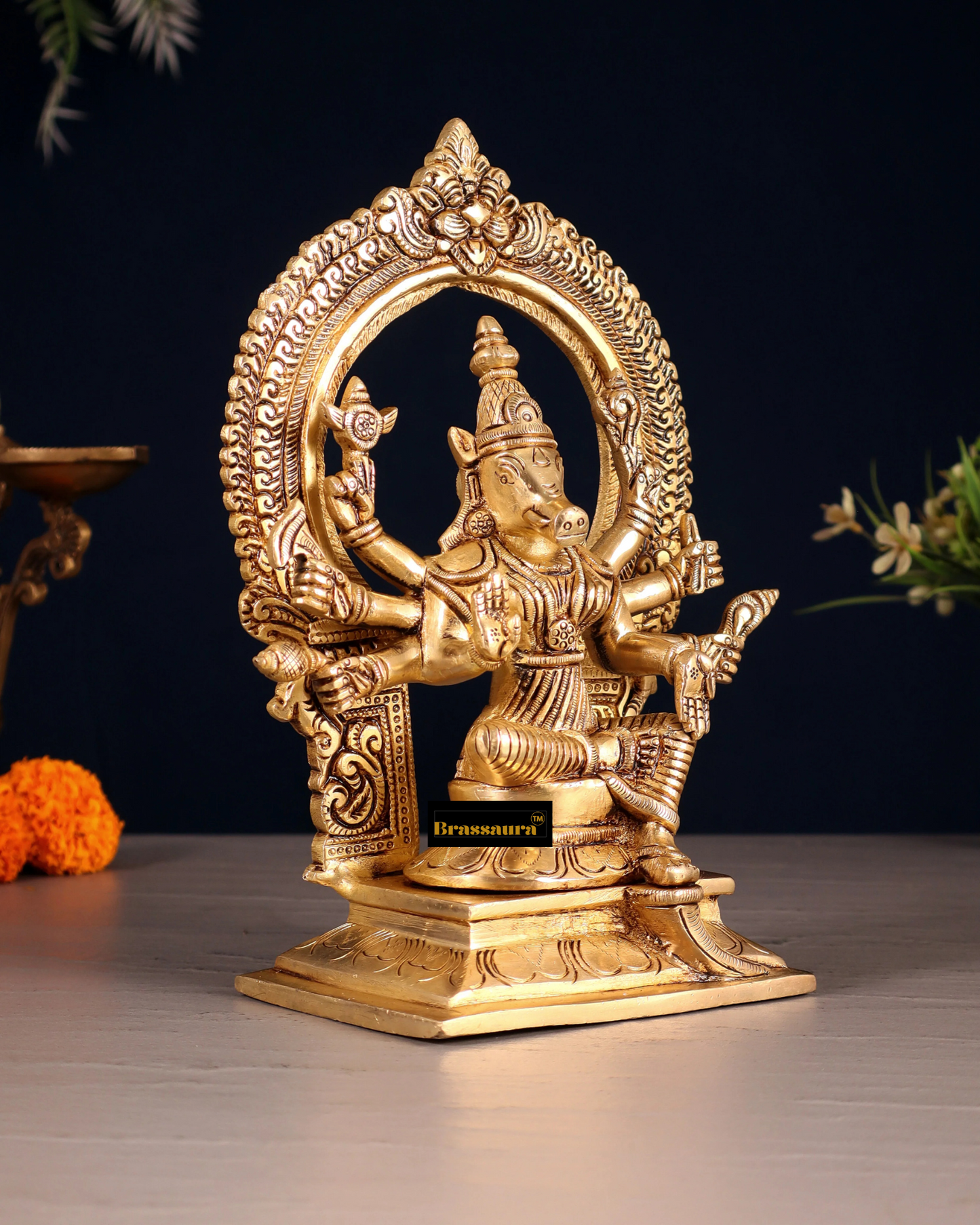 Brassaura™ Pure Brass Varahi Amman Idol – 8 Inch Height, 2 Kg Weight – Handcrafted Seated Goddess Statue with Prabhavali