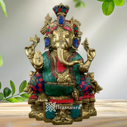 Brass Gem Stone Work Ganesha Statue Weight 4.1 Kg And Height 6 Inch