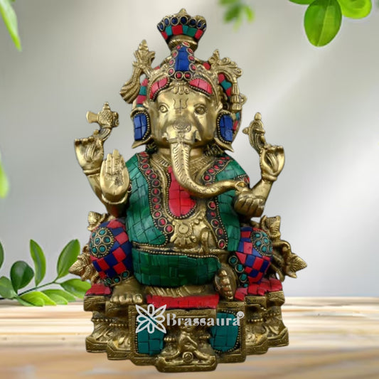 Brass Gem Stone Work Ganesha Statue Weight 4.1 Kg And Height 6 Inch