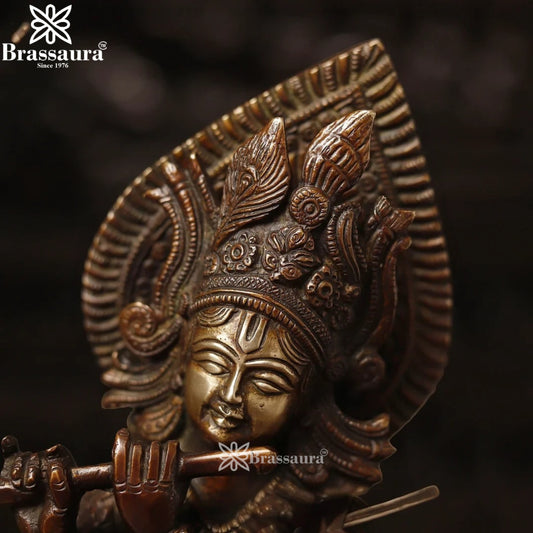 Brassaura® Lord Krishna Playing Flute with Cow Idol with Copper & Golden Finish | Pure Superfine Brass Handcrafted Murti | Brass Statue for Home Temple, Pooja Room | Height 14.5 Inches | Weight 4.8 Kgs