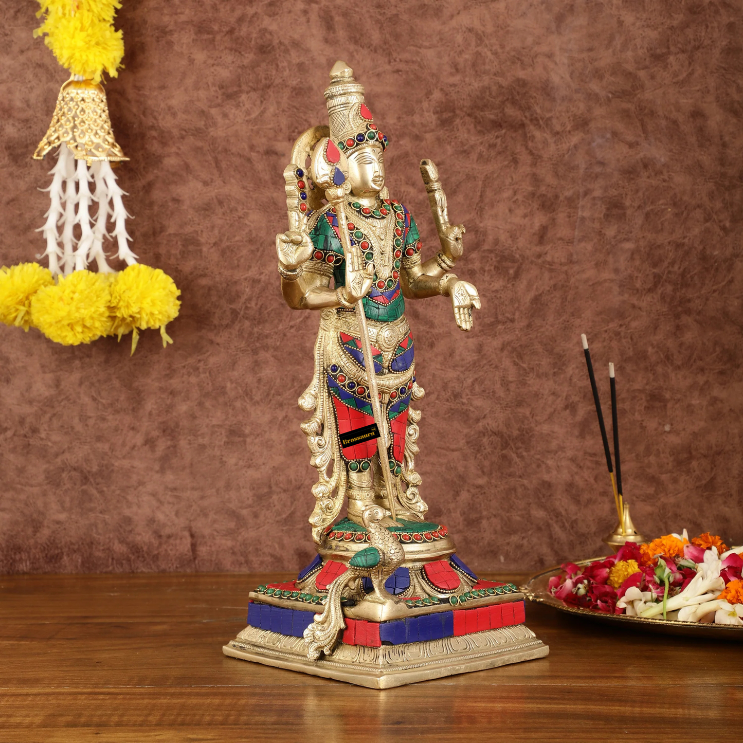 Brassaura™ Pure Brass Kartikeya Murugan Swamy Statue with Stonework – 14 Inches Height, 4.45 Kgs – Intricately Handcrafted