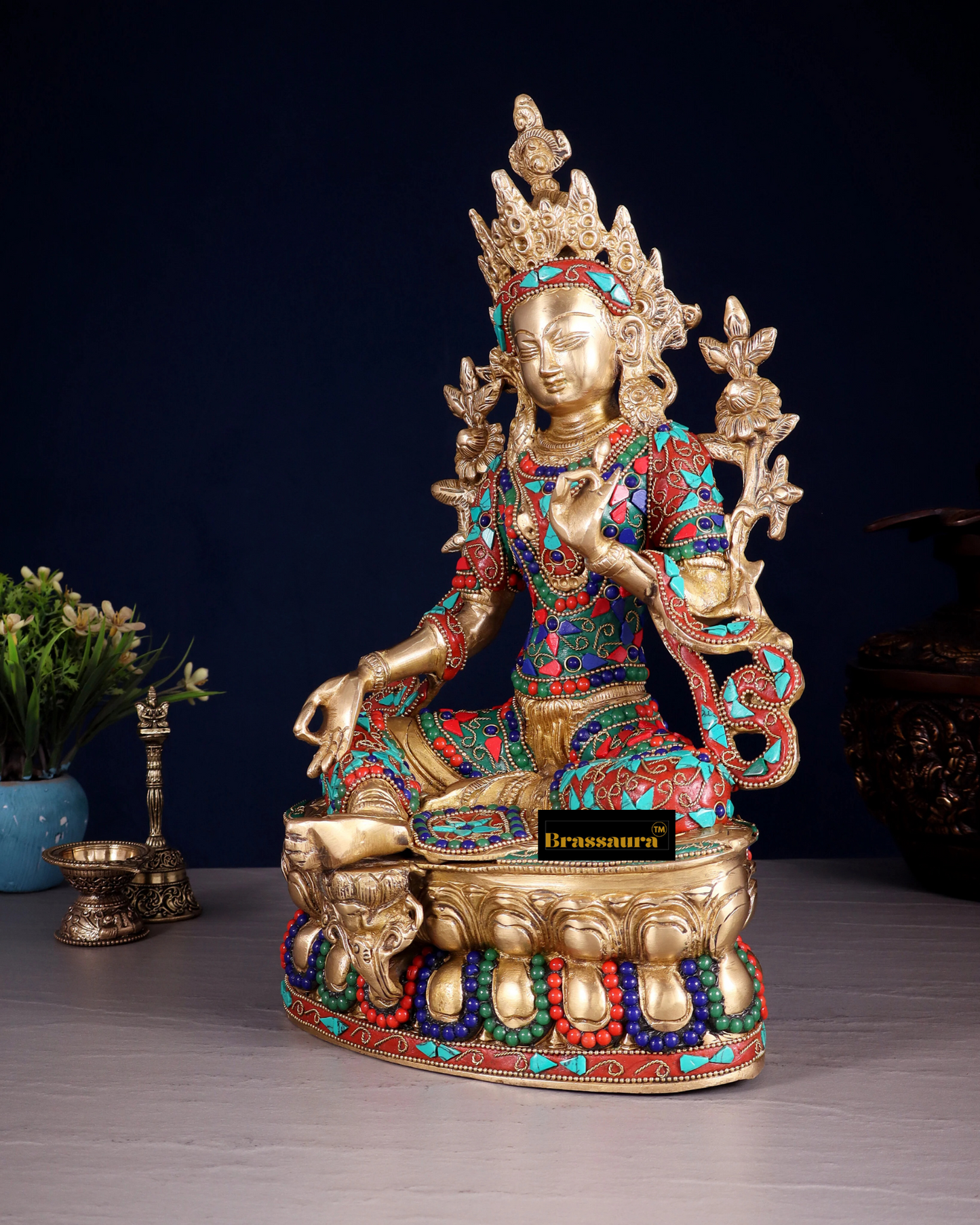 Brassaura™ Pure Brass Green Tara Statue – Height 14 Inches | Weight 6 Kgs | Floral Stone & Brass Wire Work