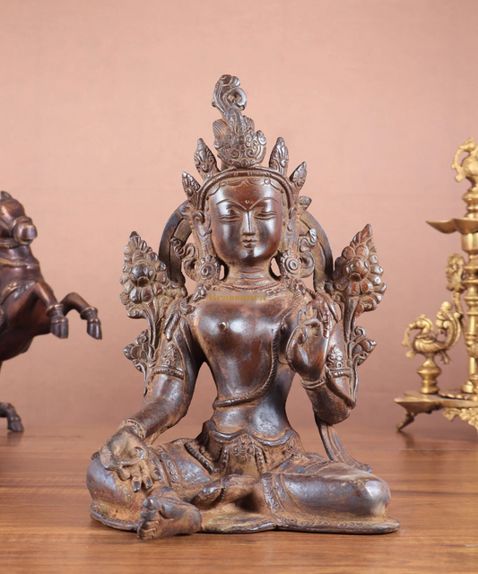 Brassaura™ Vintage Brass Green Tara Statue – Height 10.5 Inches, Weight 3.13 Kgs