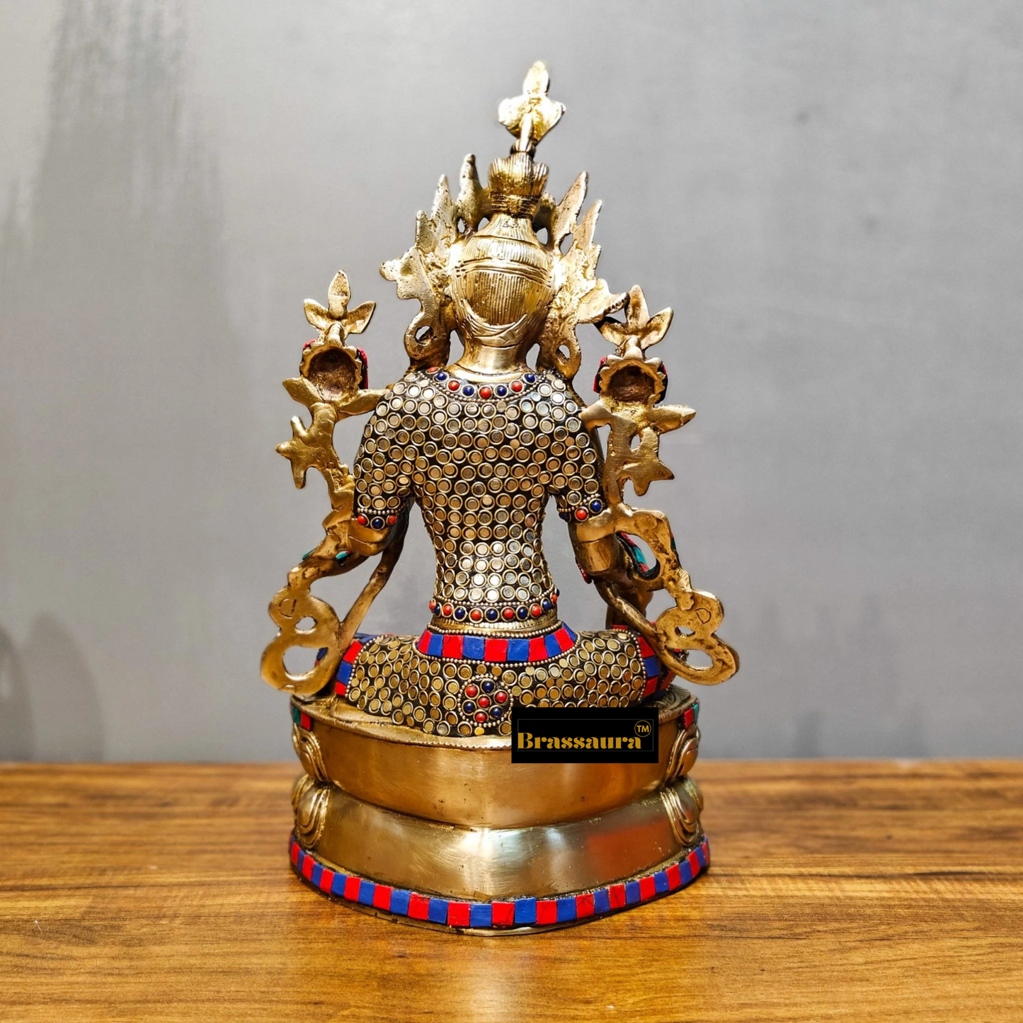 Brassaura™ Pure Brass Green Tara Statue – Height 14 Inches | Weight 4.78 Kgs | Meenakari Stonework