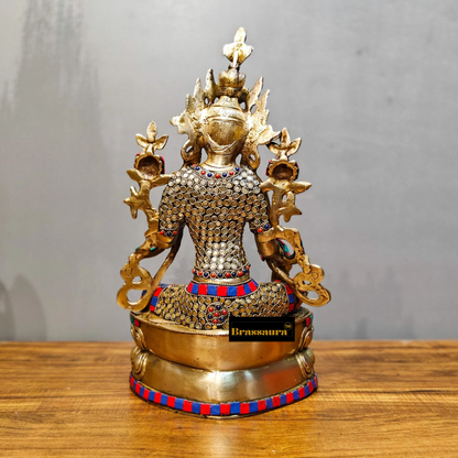 Brassaura™ Pure Brass Green Tara Statue – Height 14 Inches | Weight 4.78 Kgs | Meenakari Stonework